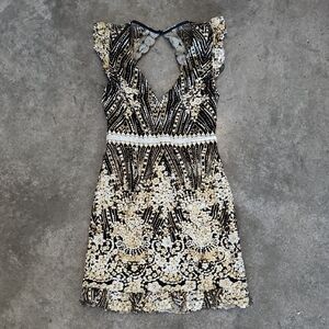 Hello Molly Gold and Black Ruffled Sheath Dress